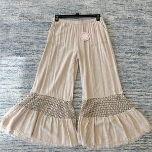 Umgee Beige Flared Pants with Crochet Detail